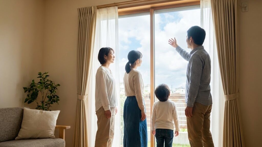 台風の目に入った際、家族が室内で状況を確認しながら落ち着いて行動している様子