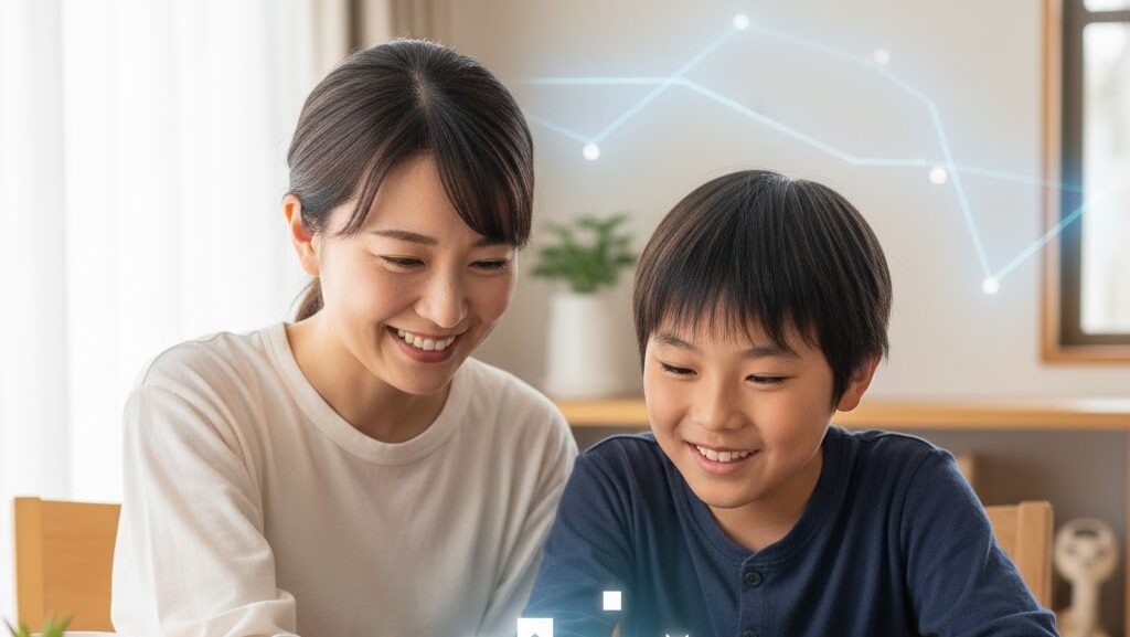 親子がスマホや本を見ながら防災知識を学んでいる実写風シーン。