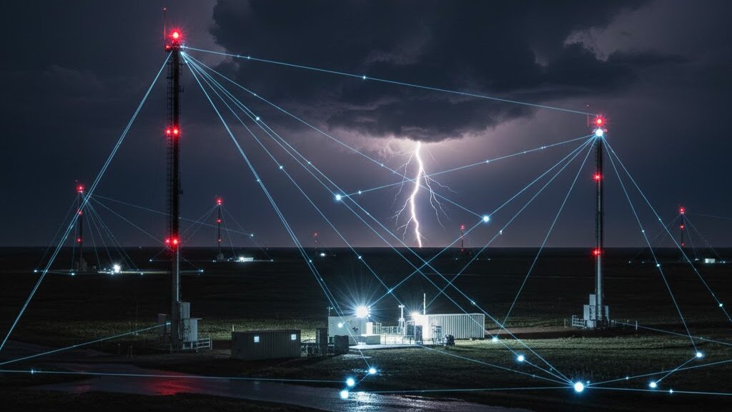 複数のセンサーが雷の電磁波をとらえて位置を特定する仕組みのイメージ