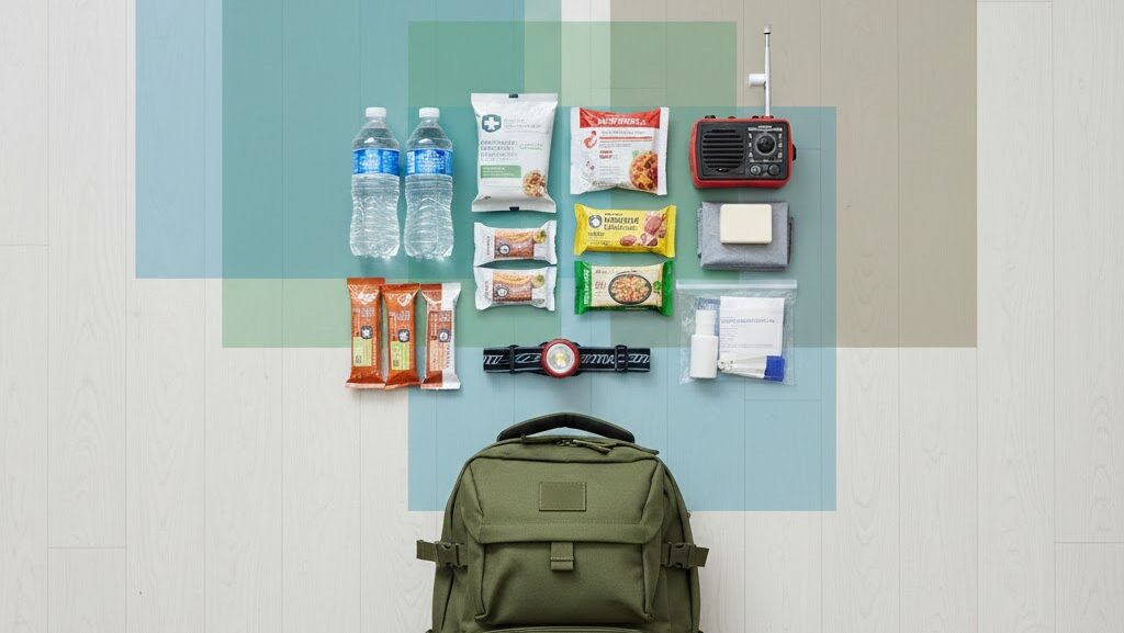 水・非常食・ライト・衛生用品など、避難時に必要な防災リュックの中身を整理して並べた実写風トップビュー。