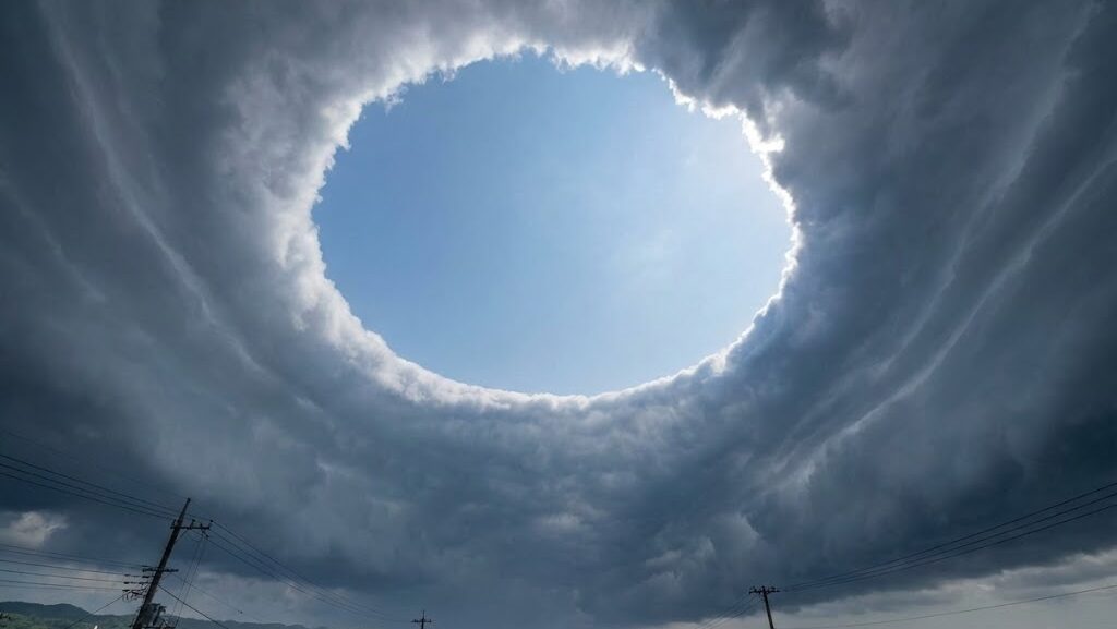 台風の目の中で周囲を高い雲に囲まれ、中央だけ空が開いたスタジアム状の空の景色