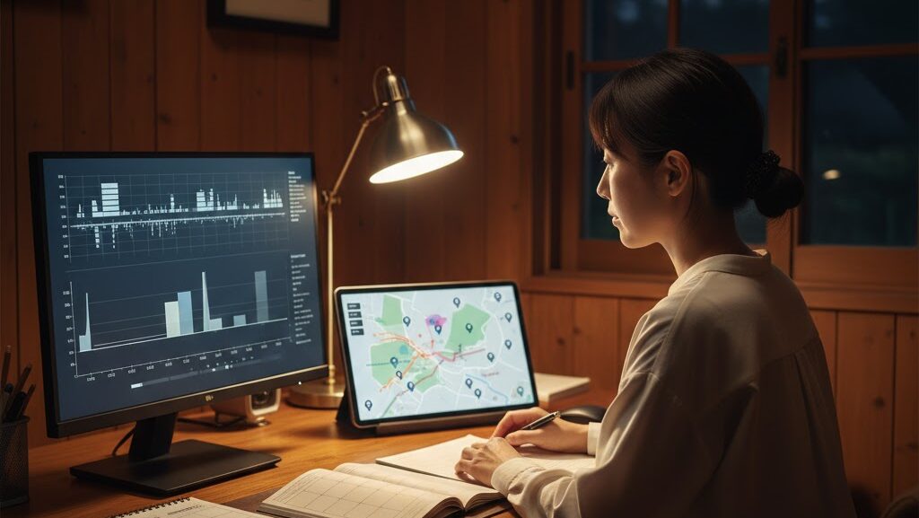 パソコン画面で過去の落雷履歴や時間を調べているイメージ