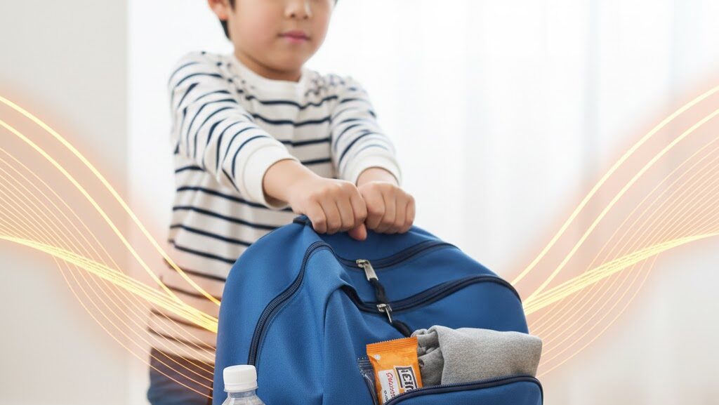 子ども用防災リュックと中身を確認する小学生の手元を写した実写風イメージ。