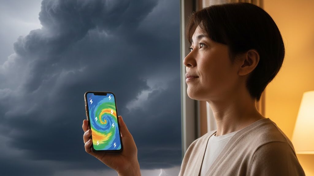 スマホで雷レーダーを確認して落雷位置をチェックするイメージ