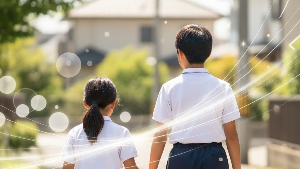 低学年と高学年の小学生が並んで歩き、年齢による防災行動の違いを表す実写風イメージ。