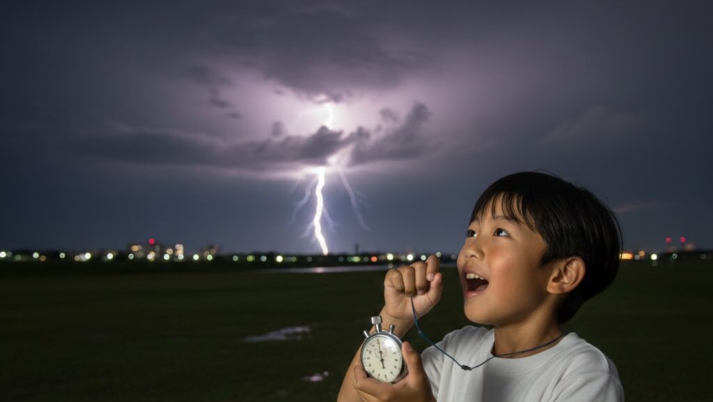 雷の光と音の時間差を数えて距離を確認する様子のイメージ