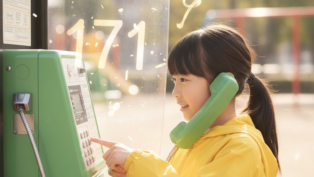 小学生が公園の公衆電話を操作して災害時の連絡手段を学んでいる実写風シーン。