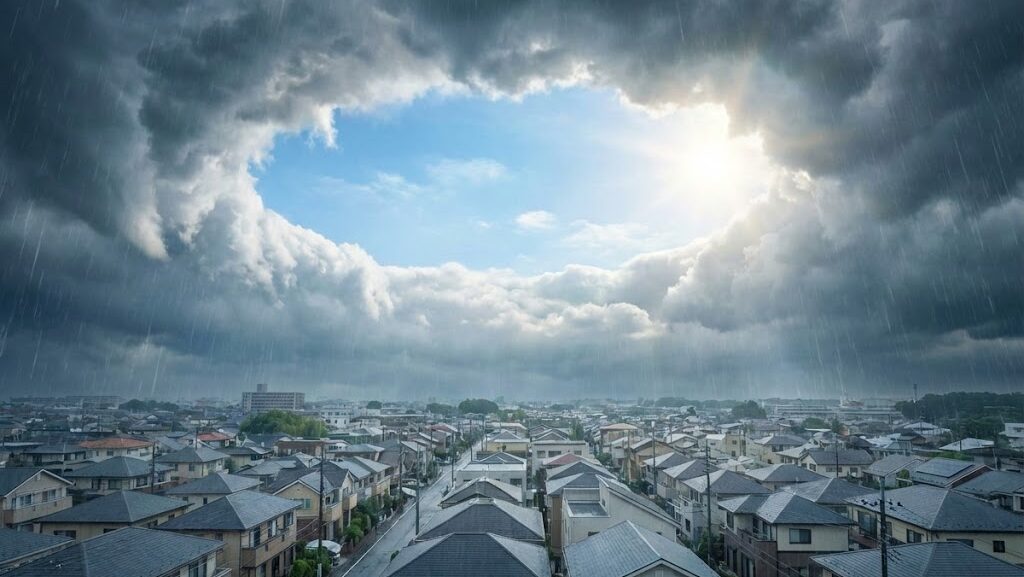 台風の中心部だけ雲が切れ、周囲を厚い雨雲に囲まれた静かな空間が見える様子