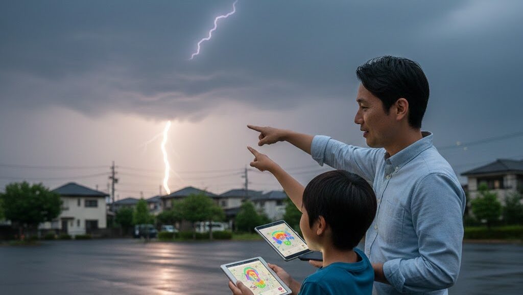 雷がどこに落ちたのかを調べるために空を見上げる人のイメージ写真