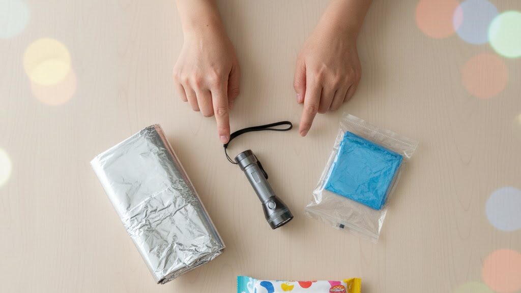 100均で揃えられるアルミブランケットや小型ライトなど、子ども向け防災グッズを並べた実写風イメージ。