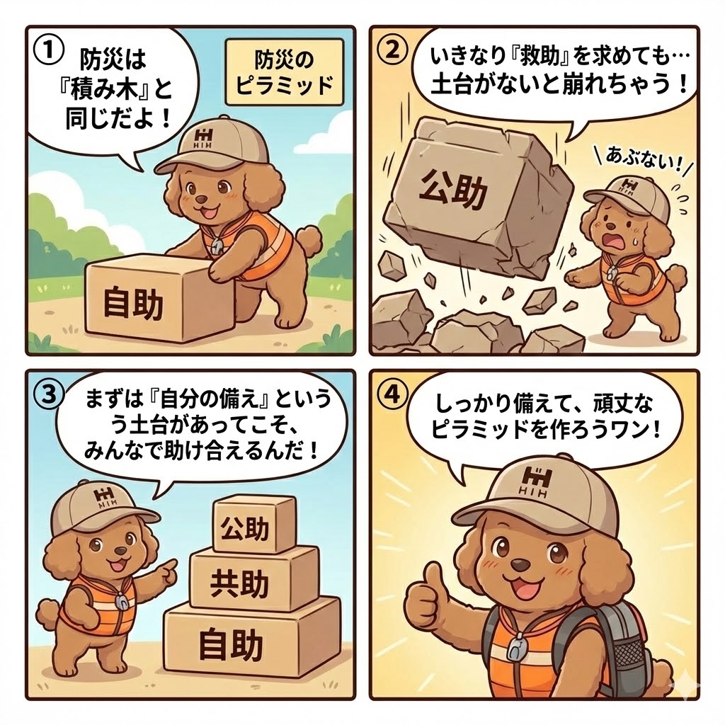 そなぷーが箱を持ちながら「防災は積み木と同じ」と説明するイラスト(自助・共助・公助の防災ピラミッド)