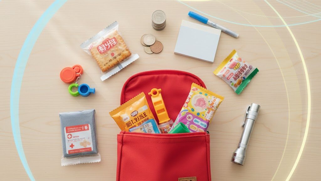 ホイッスルや小銭、ライトなどの防災ポーチの中身をテーブルに並べた実写風のトップビュー。