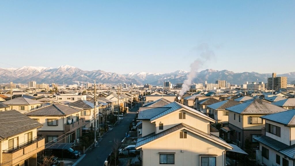 冬の穏やかな住宅街の風景から、過去の災害を教訓にした防災の備えを表現