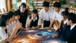 宇宙の誕生について話す中学生