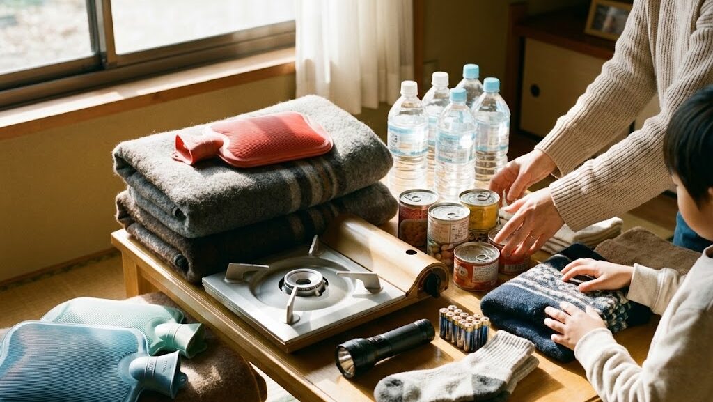 冬の室内で防寒や生活に備える様子を描いた、寒さ対策の防災準備イメージ