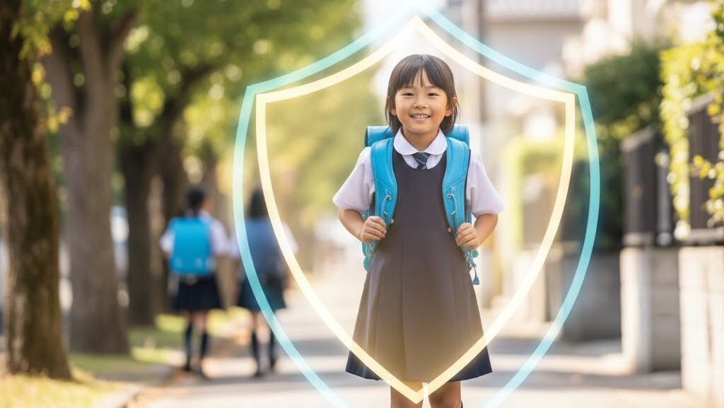 ランドセルを背負った小学生が登校中に安全を意識して歩く姿を捉えた実写風イメージ。