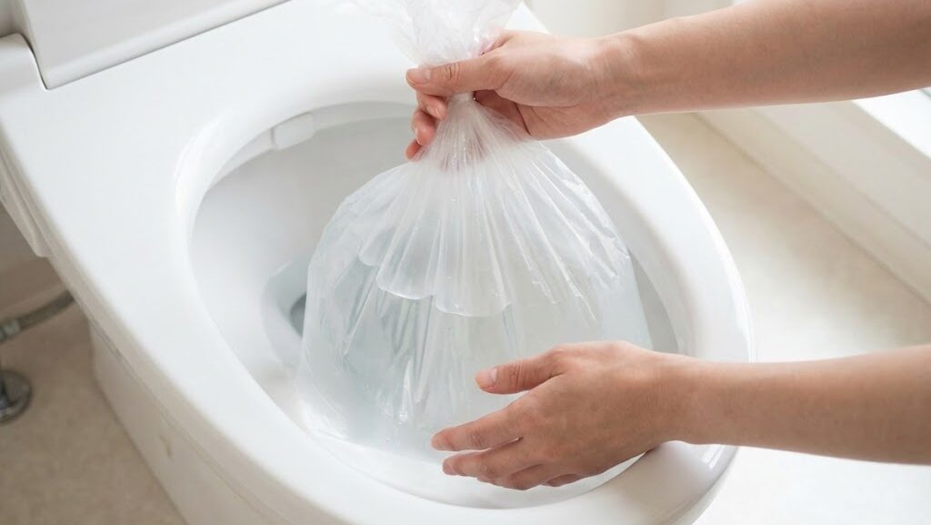 トイレの便器に水入りビニール袋（水のう）を置く日本人の手元を写した実写風画像。大雨時の下水逆流対策を説明するシーン。