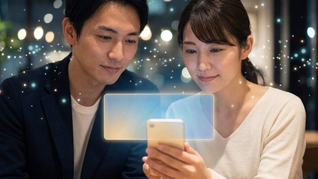 スマホ画面を落ち着いて確認する男女。AIや防災アプリの情報を扱う場面を表現した光の粒子