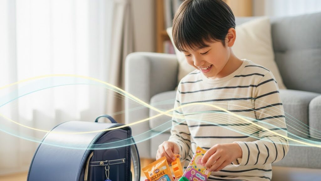 小学生が防災ポーチの中身を確認している様子を写した実写風イメージ。地震への備えを学ぶシーン。