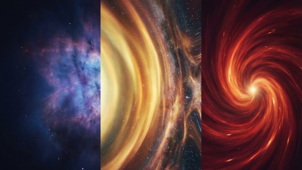 宇宙の未来を示す三つの抽象表現（冷える空間、広がる波、中心へ集まる光）を1枚に収めたイメージ。