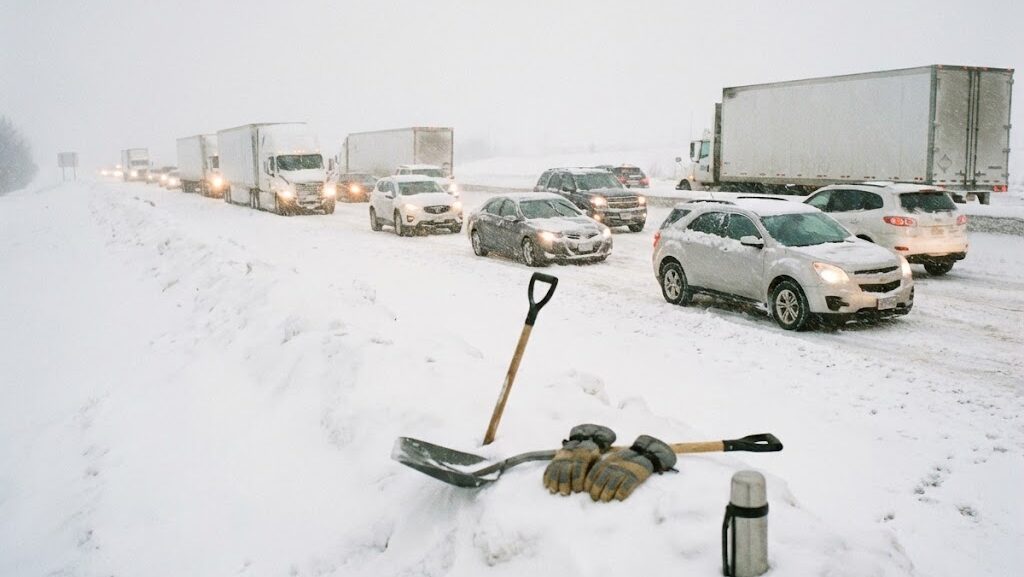 大雪の道路に停車する車の様子から、現代の雪害リスクを伝える実写風イメージ