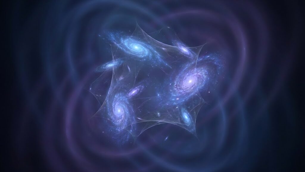 銀河の周囲に広がる見えないエネルギーを抽象的な光で表現した画像。ダークマターとダークエネルギーのイメージ。