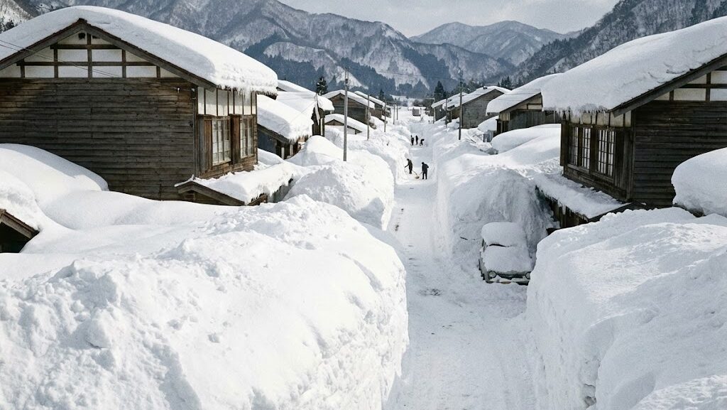 記録的な積雪に覆われた日本の街を描き、過去の大規模雪害の規模を伝える風景