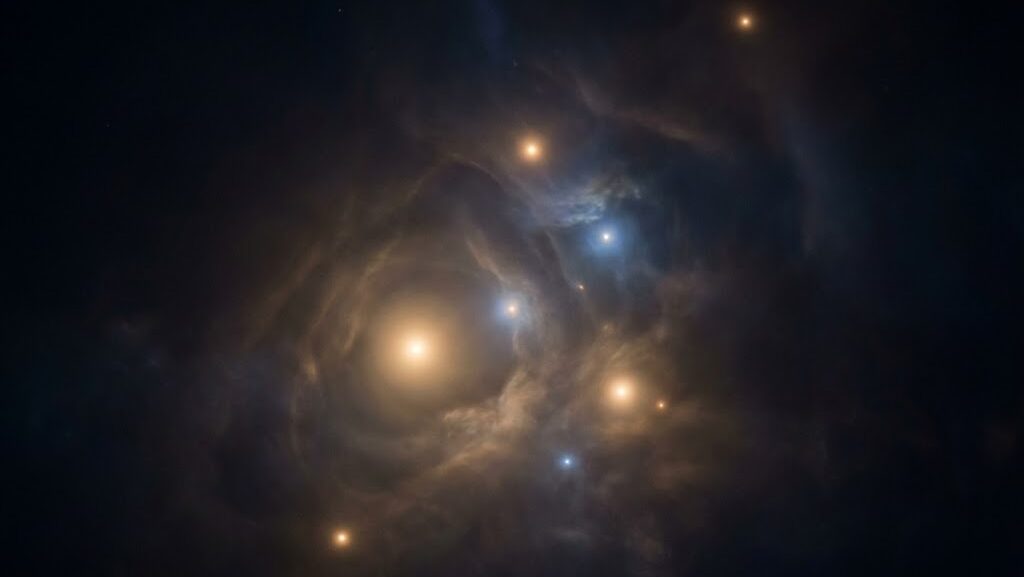 暗い宇宙空間に最初の星が輝き始める様子を表した幻想的なイメージ。