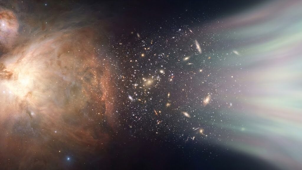 光の渦から星の広がりへ変化していく様子を一枚にまとめた抽象的な宇宙進化イメージ。