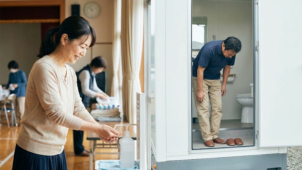 避難所で手指消毒や履き替えを行い衛生管理に気を配る人々の様子