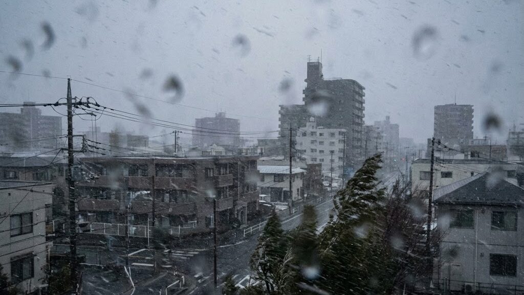 冬の天候と街の様子から、地震と重なる複合災害リスクを象徴的に表現した風景