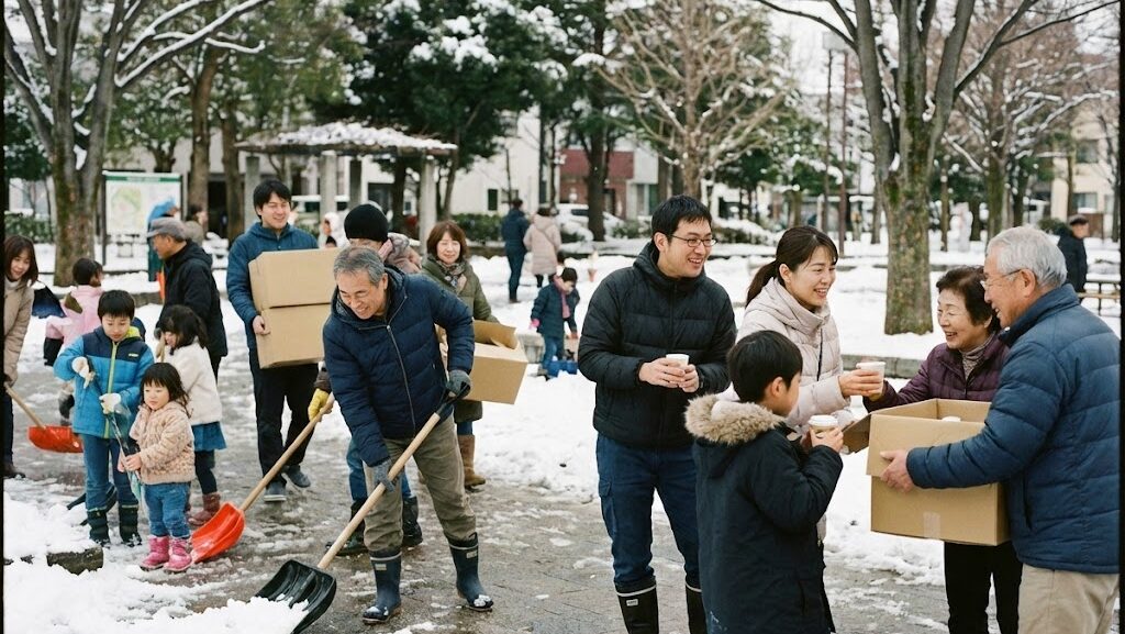 冬の屋外で人々が協力する様子を通じて、防災とボランティアの大切さを伝えるイメージ