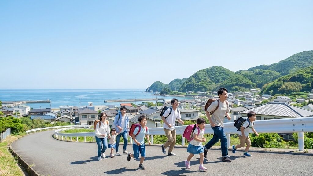 強い揺れの後に津波から逃れるため高台へ向かって避難する人々の様子