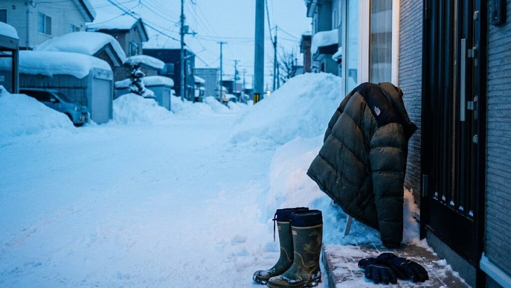 厳冬期の住宅街の雪景色から、寒さの中での避難の難しさを表現した風景イメージ