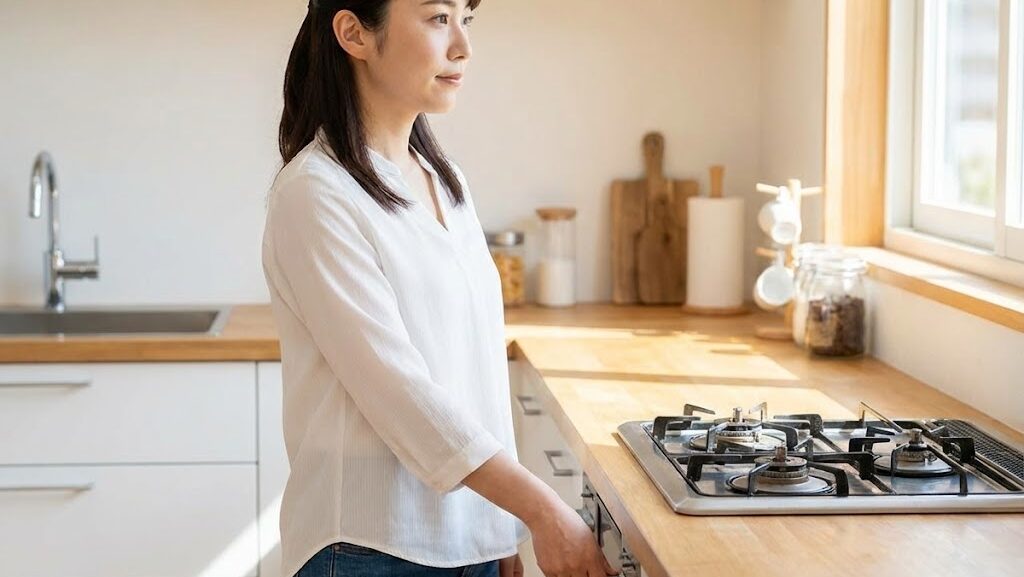 地震の揺れが収まった後に安全を確認し火元を点検するキッチンの様子