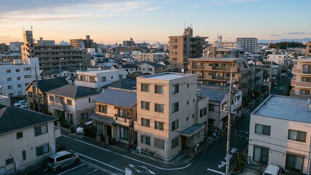 日本の都市住宅地を通して、都市直下型地震の被害リスクを伝える実写風イメージ