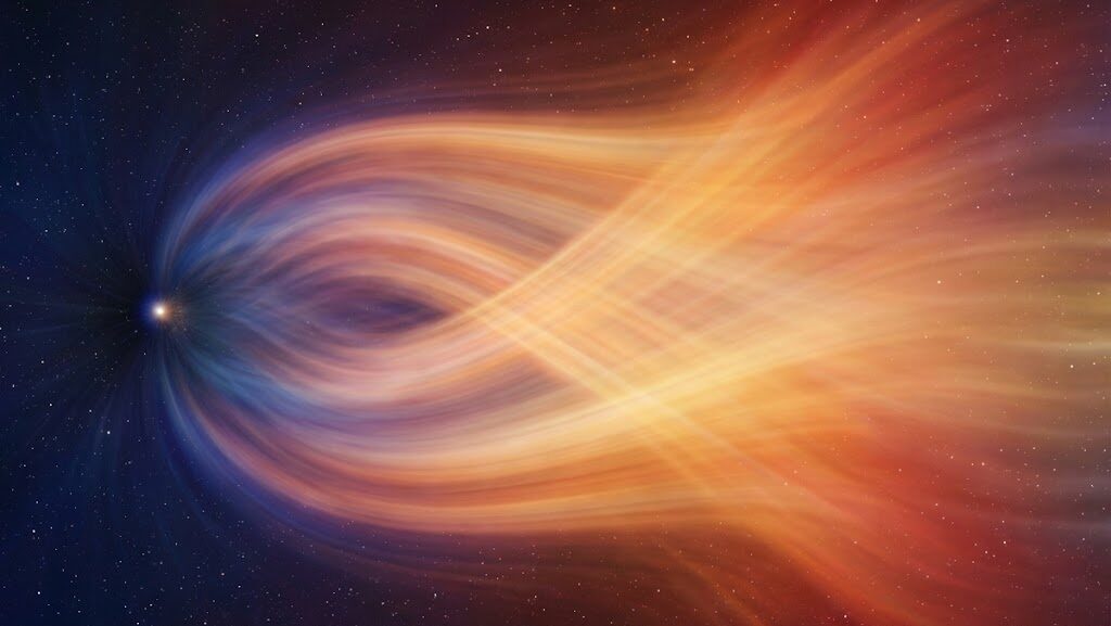 一点の光から急激に広がるエネルギーを抽象的に表した画像。インフレーションとビッグバンのイメージ。