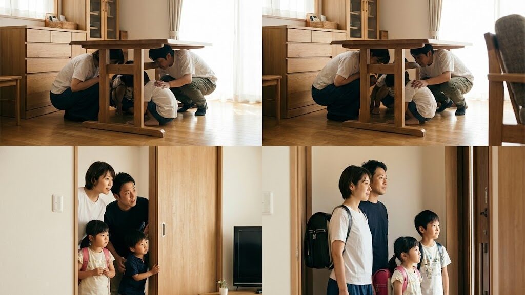 地震直後から落ち着いて行動を切り替えていく家族の様子を時間の流れで表した場面