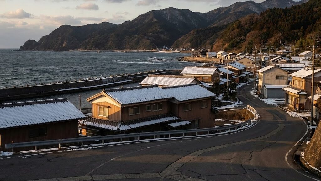 冬の沿岸地域を背景に、1月に発生した大規模地震とその影響を想起させる風景イメージ