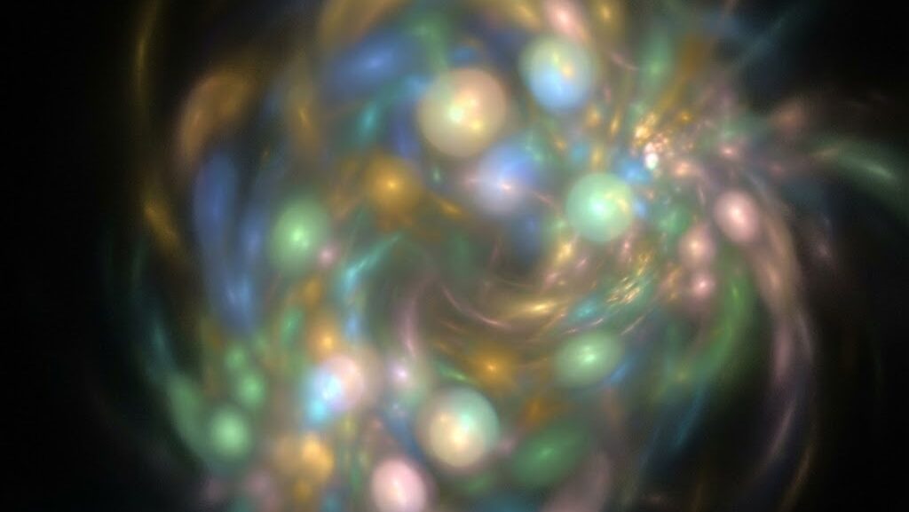 暗い空間にゆらぐ光の粒を写した抽象的なイメージ。「無」の状態を説明するための視覚表現。