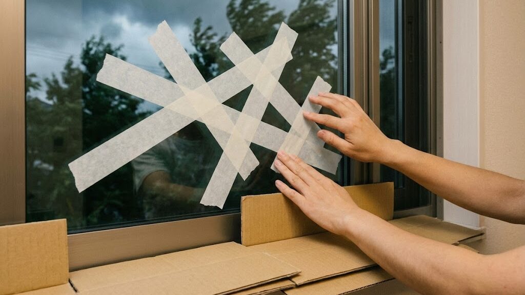 曇天の窓に軽く貼られたテープと、室内で段ボールを準備する手元を写した実写風イメージ。台風時の窓の飛散対策を表現。