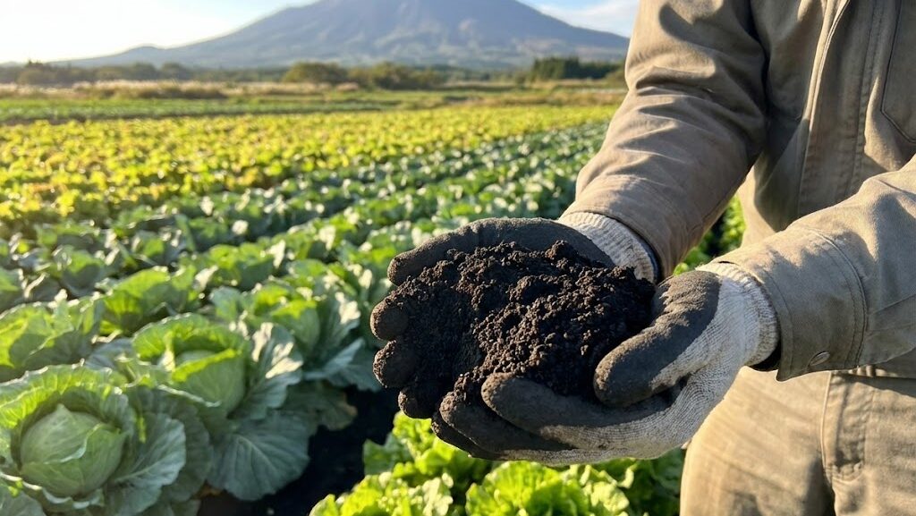 黒ボク土を手にすくう農家と、火山のふもとに広がる野菜畑の実写風イメージ