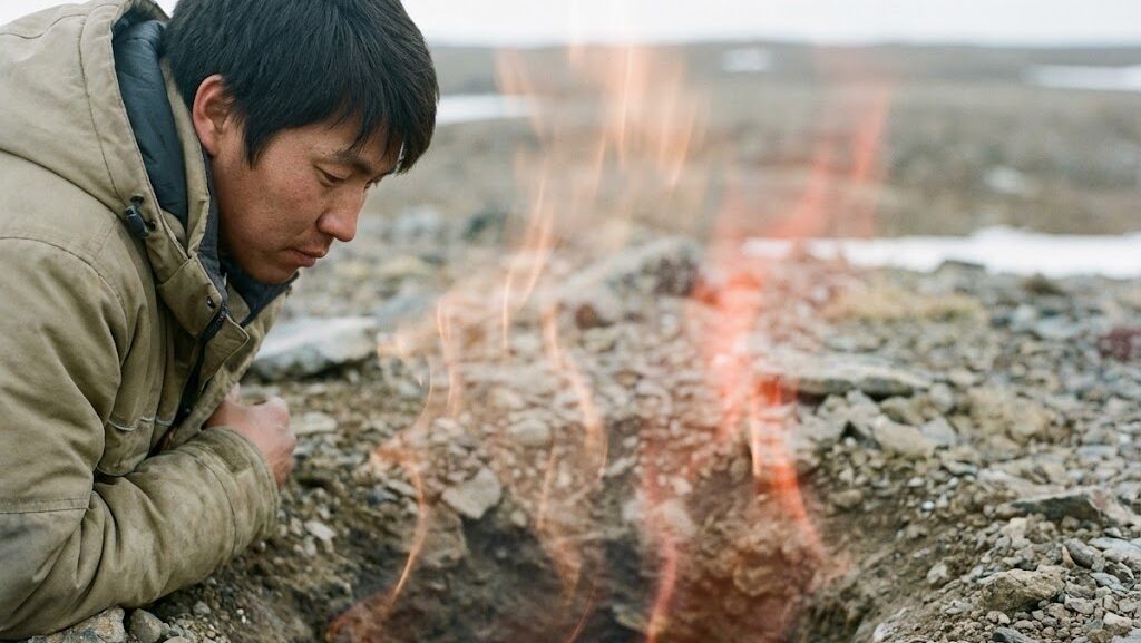 深い地面から伝わる熱を感じながら、地球深部の過酷さを実感している様子