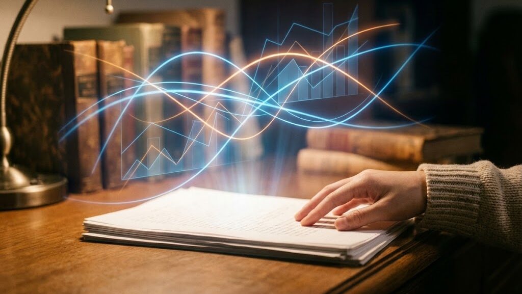 机の上に浮かぶ抽象化された発光グラフと資料を見る手元。地震発生確率の解析をイメージしたシーン