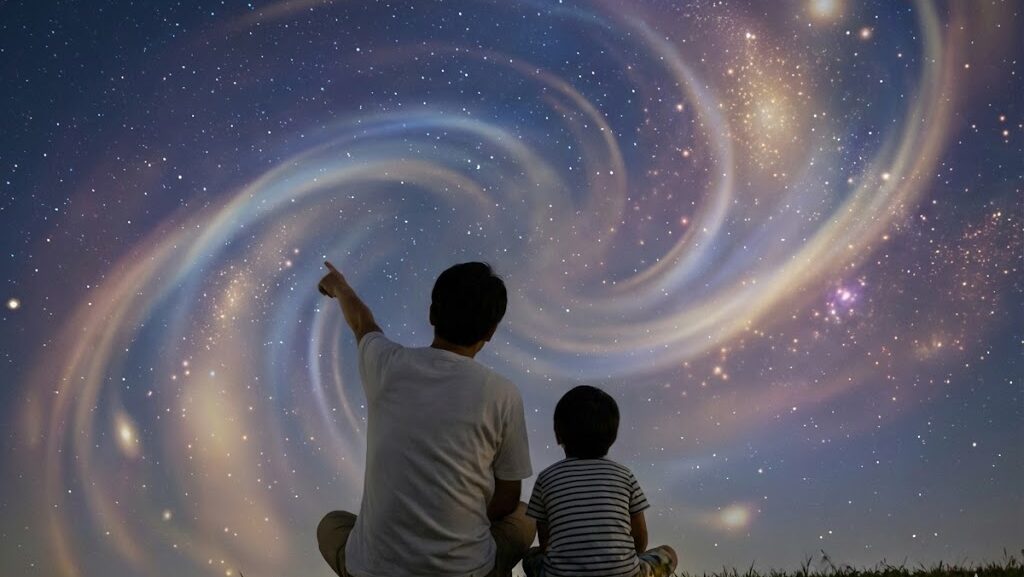 夜空を見上げる親子が星空を観察している様子。宇宙の始まりへの興味を持つイメージ。