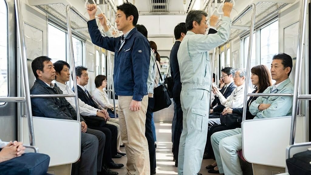 地震発生時に電車内で手すりを持ち低い姿勢で安全を確保する乗客の様子