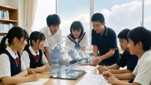 中学生が線状降水帯を勉強している様子