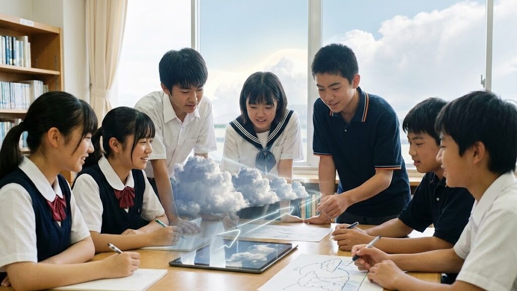 中学生が線状降水帯を勉強している様子