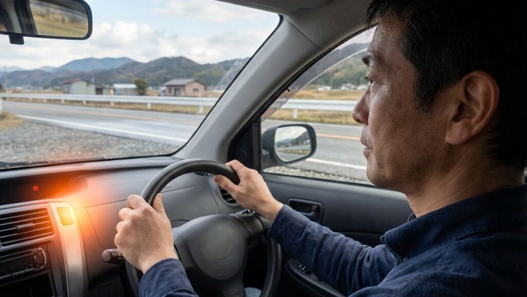 地震を感じた運転中に落ち着いて車を安全な場所に停止させるドライバーの様子