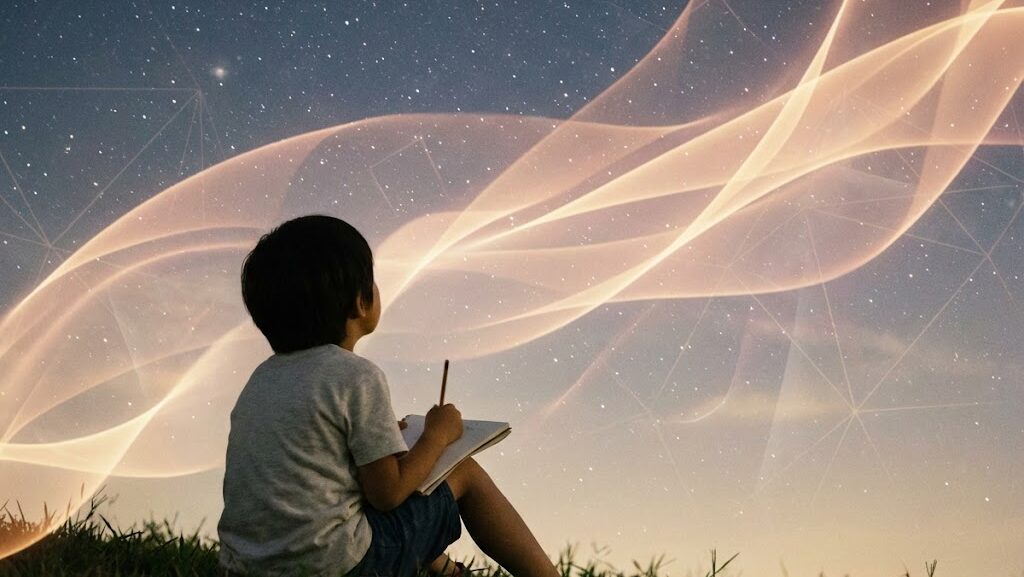 夜空を見上げながらノートに観察メモを書く子どもの姿。宇宙を科学的に理解する大切さを表すイメージ。